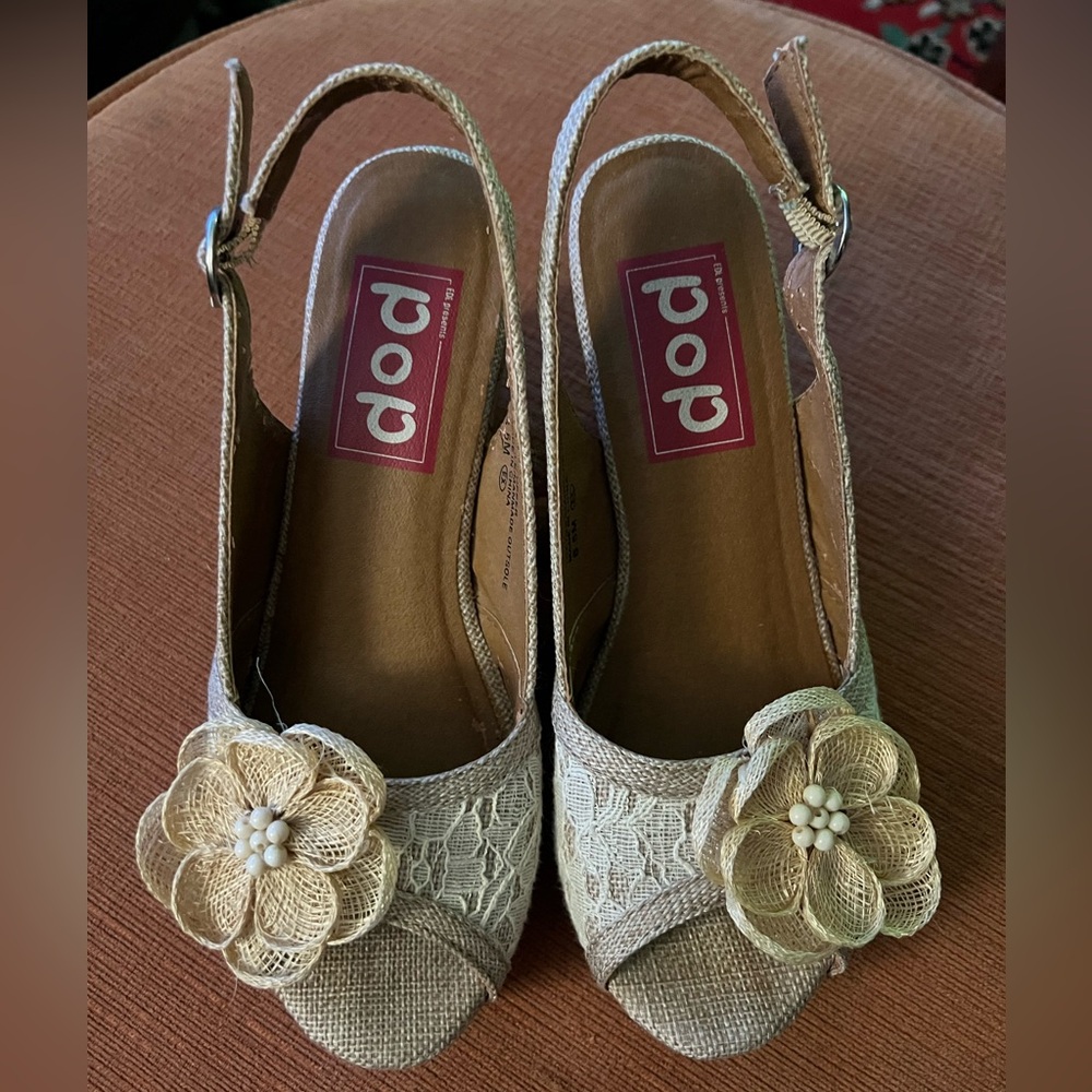 Pretty lace fabric, flower accent wedge heels. Wear on inside strap see photos.